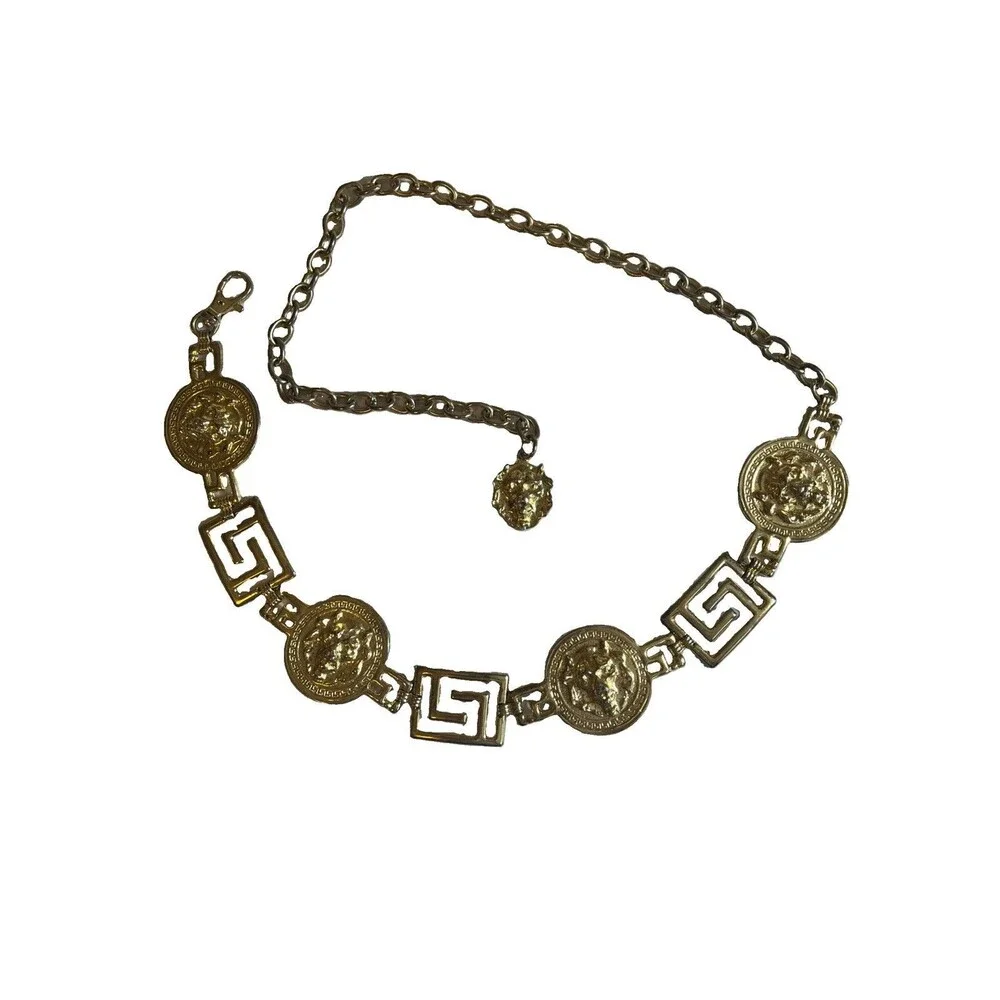 Lion Head Medallion Belt 42 In Gold Tone Chain Link Greek Key Chunky 80s Korea